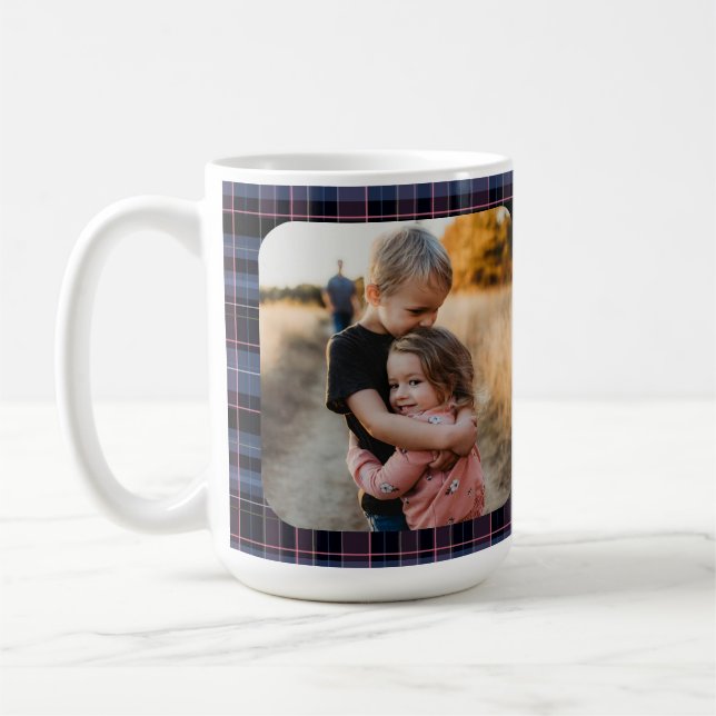 Caneca De Café Blue Pink Plaid 1-Photo Custom Holiday Gift Script (Esquerda)