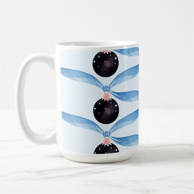 Caneca De Café Blue Ribbon and Black Ornament Holiday Card (Esquerda)