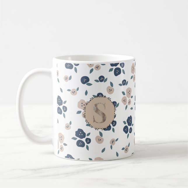 Caneca De Café Blue Tan Leaf Farmhouse Country Cute Russo (Esquerda)