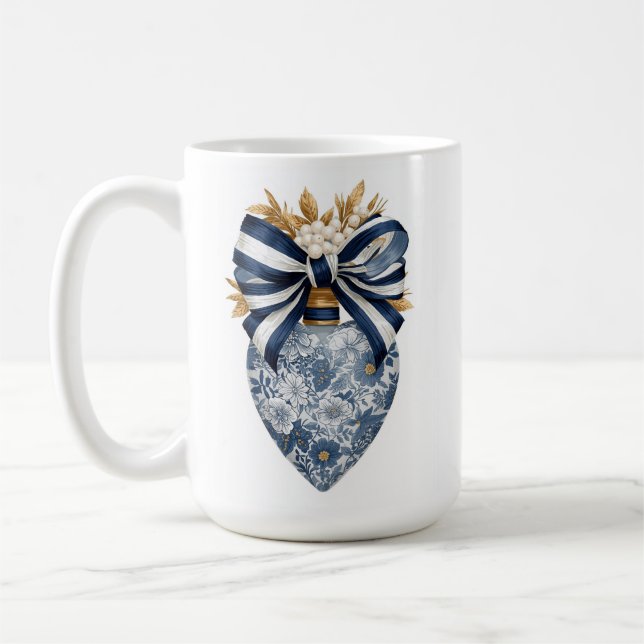 Caneca De Café Blue Toile Floral Heart Navy Stripe Bow (Esquerda)