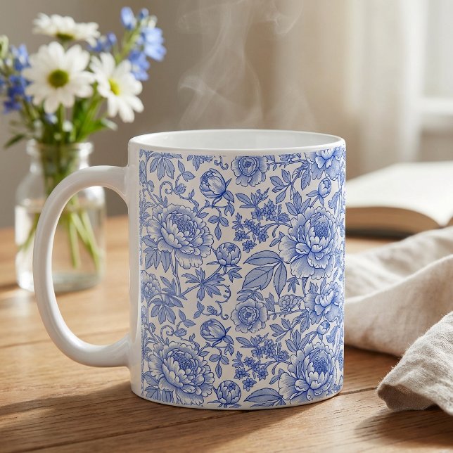 Caneca De Café Blue Toile Floral Pattern Classic Botanical (Criador carregado)