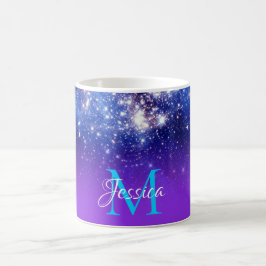 Caneca De Café Blue Violet Sparkly Stars Celestial Monograma