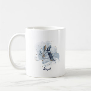Caneca De Café Blue Watercolor - Nome Personalizado - Letra A ini