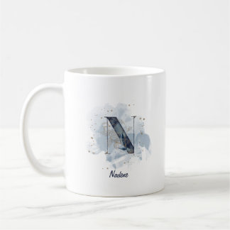 Caneca De Café Blue Watercolor - Nome Personalizado - Letra N Ini