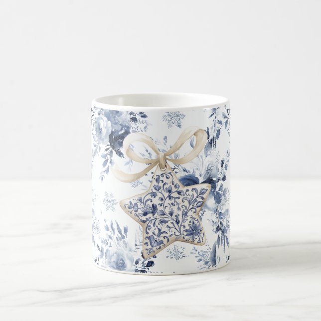 Caneca De Café Blue White Floral Star Christmas Ornament (Centro)