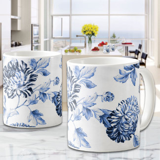 Caneca De Café Blue & White Vintage Dahlia Floral