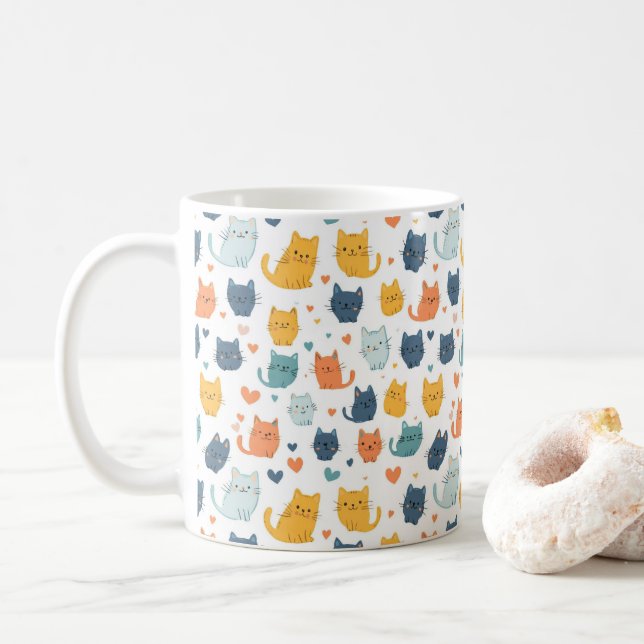 Caneca De Café Blue Yellow Orange Kawaii Cat Pattern Cat Lover (Com Donut)