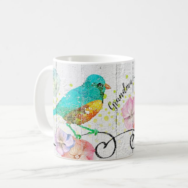 Caneca De Café Bluebird Hydrangea Vovó Floral Quote Monograma (Frente Esquerda)