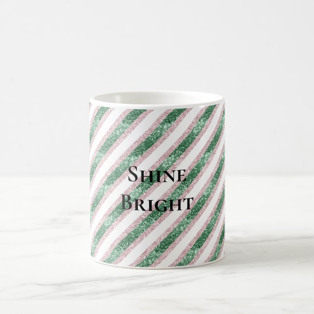 Caneca De Café Blush Pink Green Glitzy Glitter Stripes Christmas (Centro)