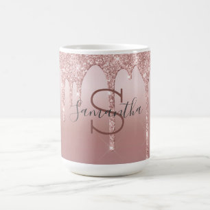 Caneca De Café Blush Rosa Drip Glitter Monograma Tendência Ouro R