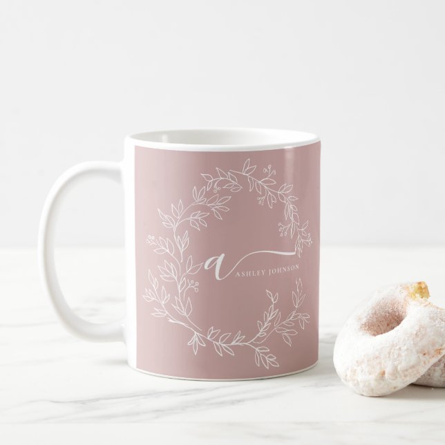 Caneca De Café Blush Rosa Empoeirado Nome Monograma Moderno Scrip (Com Donut)