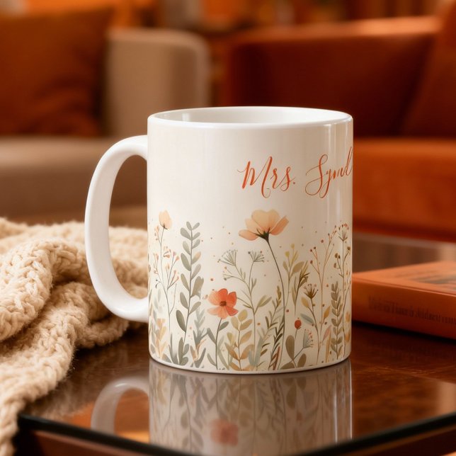 Caneca De Café Blush Wildflower Name Teacher Appreciatiion  (Criador carregado)