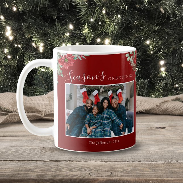 Caneca De Café Boas-vindas da temporada Poinsettia Foto de Natal (Season's Greetings Poinsettia Photo Christmas Coffee Mug)