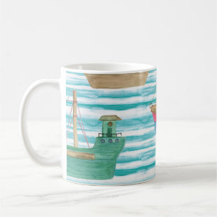 Caneca De Café Boats Stripes: Padrão De Pintura Por Aquarela.