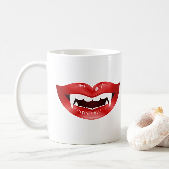 Caneca De Café Bocas de Vampiro Vermelhas Ilustradas (Com Donut)