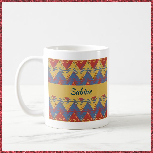 Caneca De Café Boho Aztec Style Blue Red e Dourado (Criador carregado)