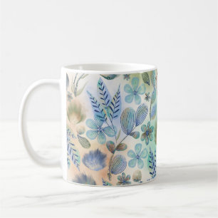 Caneca De Café Boho Azul Verde Floral Botânico Caprichoso 