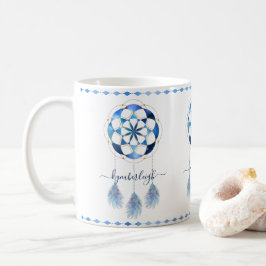 Caneca De Café Boho Blue Celestial Mandala Dreamcatcher Monograma