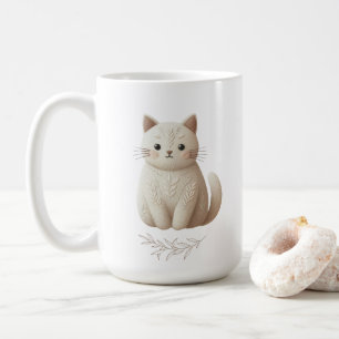 Caneca De Café Boho Bordado Beige Gatinho com Folhas