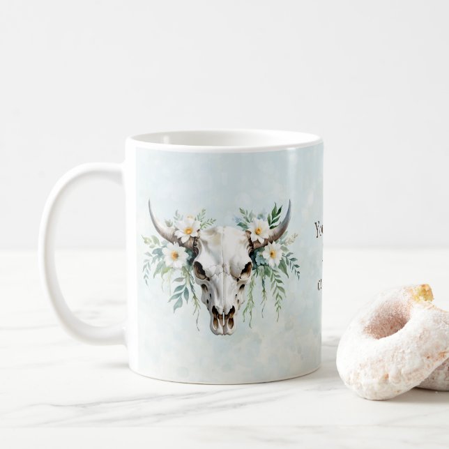 Caneca De Café Boho Chic Watercolor Vaca Floral (Com Donut)