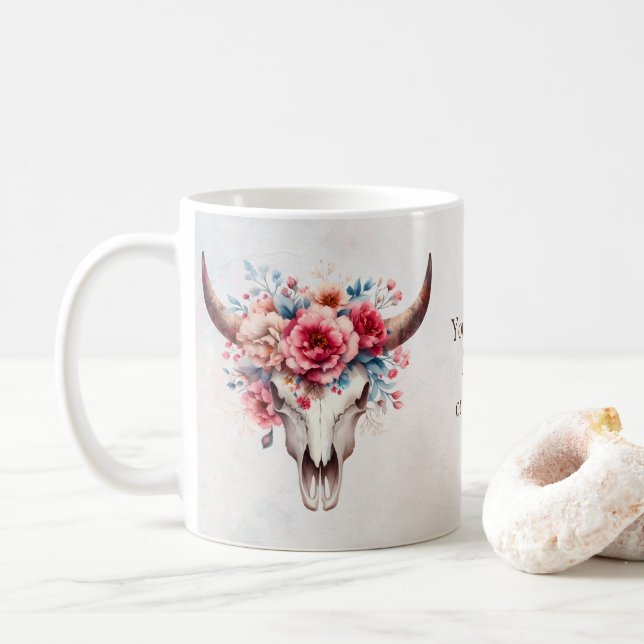 Caneca De Café Boho Chic Watercolor Vaca Floral (Com Donut)