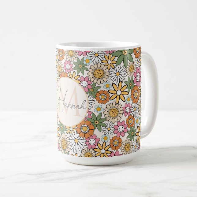 Caneca De Café Boho Daisy Flowers 70s Groovy Floral (Frente Esquerda)