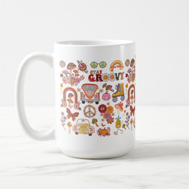 Caneca De Café Boho Daisy Flowers Retro Groovy Floral design (Esquerda)