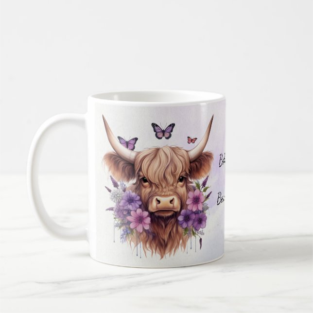 Caneca De Café Boho Dreams Floral Purple Highland Cow Whimical (Esquerda)