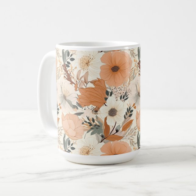 Caneca De Café Boho estilo flores padrão cores claras (Frente Esquerda)