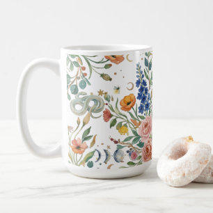 Caneca De Café Boho Floral Celestial Lua & Cobras Botânico