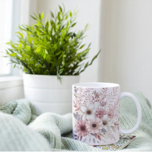 Caneca De Café Boho floral com pincel rosa