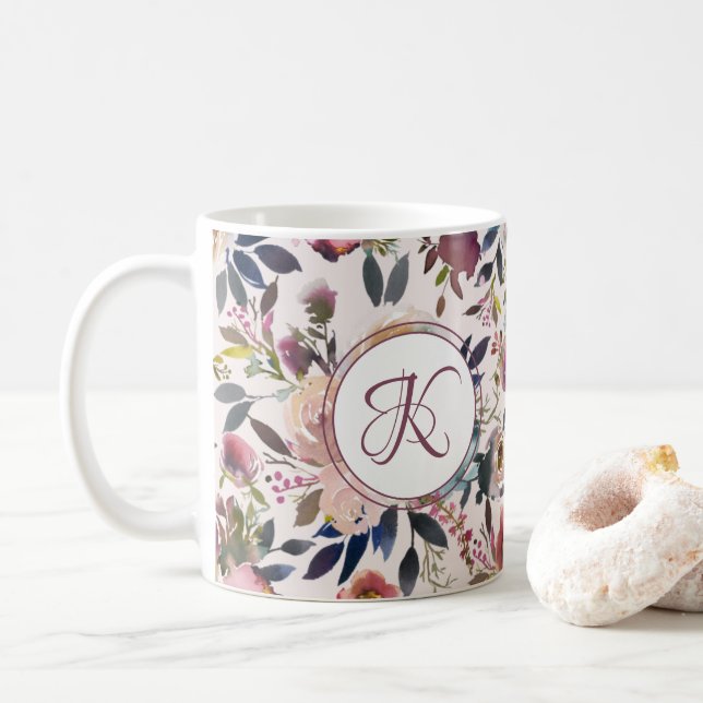 Caneca De Café Boho Flores Cor-de-Rosa, Vermelhos, Monograma (Com Donut)