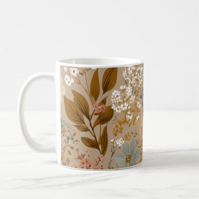 Caneca De Café Boho Folclore Outono Aconchegante Flores Neutro Fl (Esquerda)