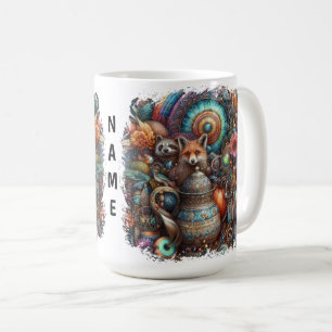 Caneca De Café Boho Fox Raccoon Floral Design