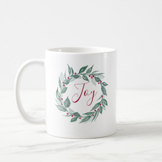Caneca De Café Boho Greenery Wreath Red Berries Joy Holiday (Esquerda)