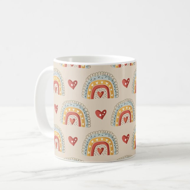 Caneca De Café Boho Rainbow Doodle Pattern (Frente Esquerda)