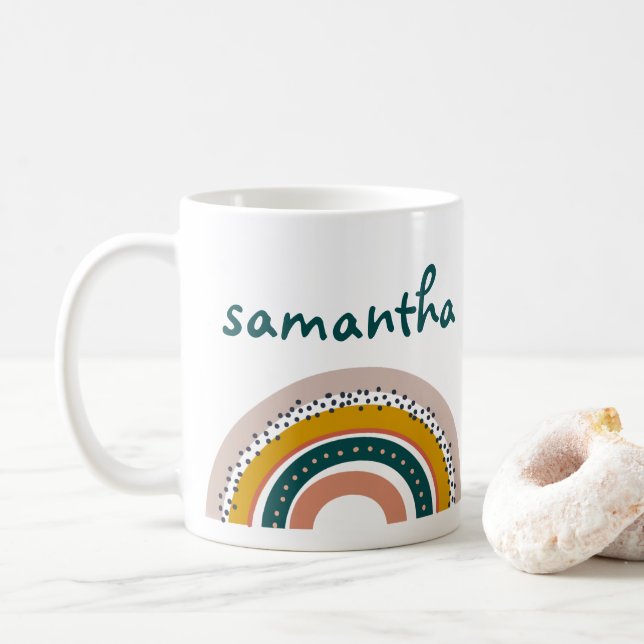 Caneca De Café Boho Rainbow Nome Personalizado Pastel Trendy (Com Donut)