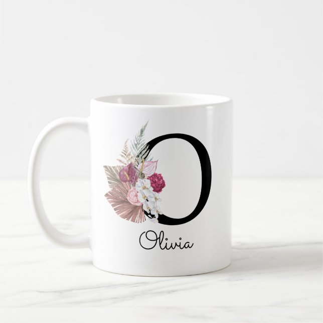 Caneca De Café Boho Rosa Monograma Floral Inicial O (Esquerda)