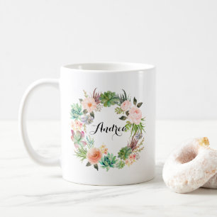 Caneca De Café Boho Succulents Floral Wreath Personalizado