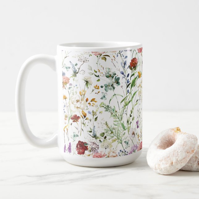 Caneca De Café Boho Wildflower Watercolor Spring  Flower (Com Donut)