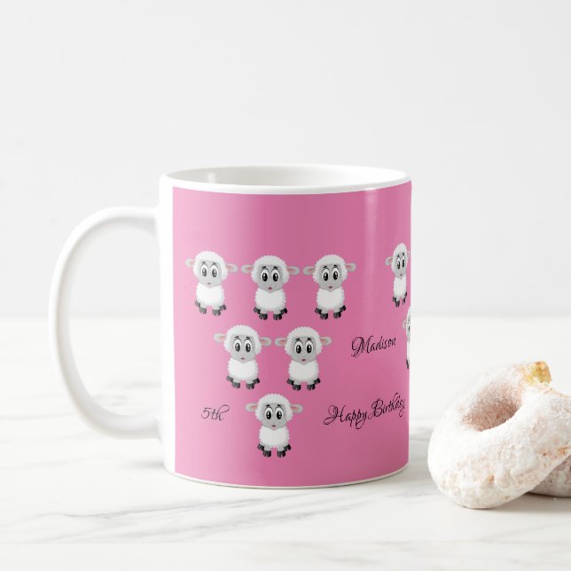 Caneca De Café Boi Rosa Feliz Aniversário 5 Mug (Com Donut)