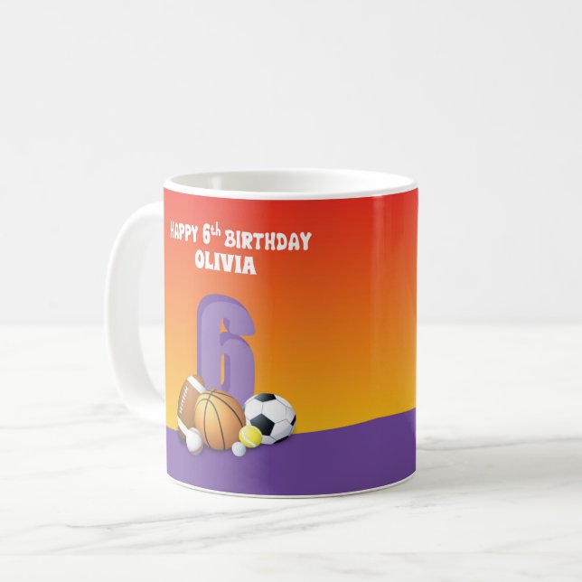 Caneca De Café Bolas de Esportes de Aniversário para 6 de Menina  (Frente Esquerda)