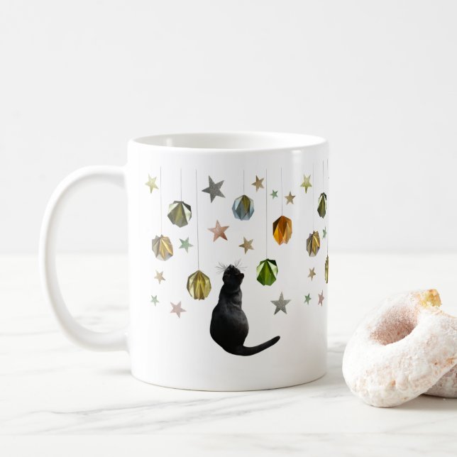 Caneca De Café Bolas Douradas de Gato Negro e Estrelas (Com Donut)