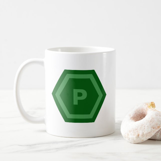 Caneca De Café Bold Green Single Letter Monogram in Hexagons (Com Donut)