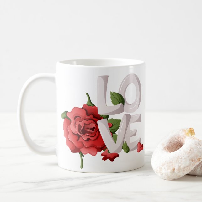 Caneca De Café Bold Love Lettering with Romantic Red Rose Foliage (Com Donut)