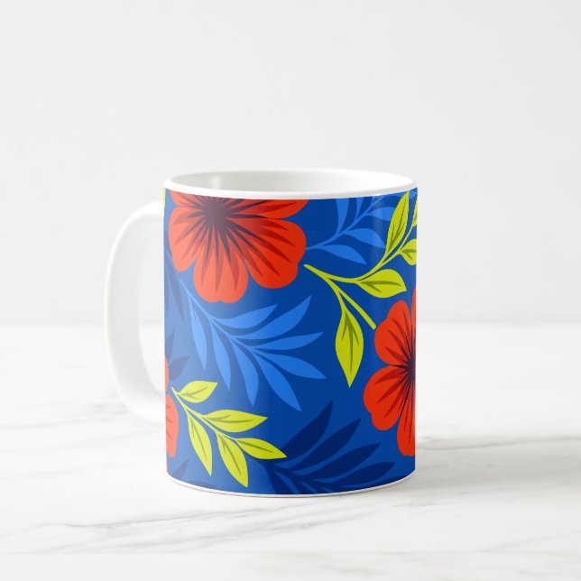 Caneca De Café Bold Vermilion Red Florals with Elegant Leaves (Frente Esquerda)