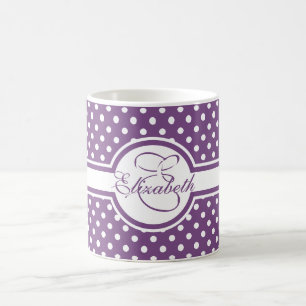 Caneca De Café Bolinhas brancas elegantes no monograma roxo