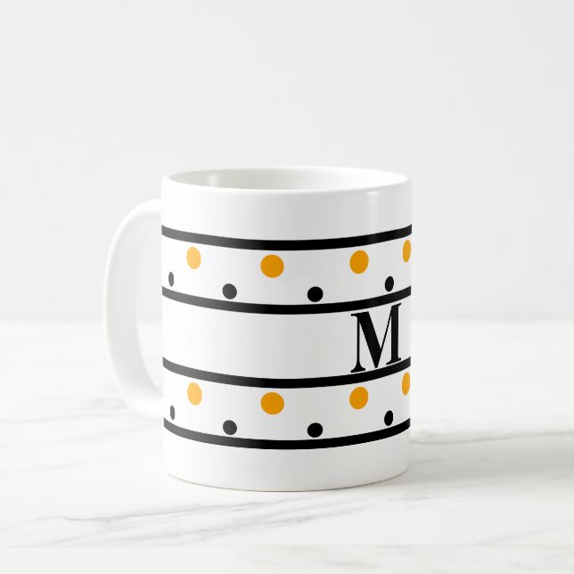 Caneca De Café Bolinhas de laranja preto monograma (Frente Esquerda)
