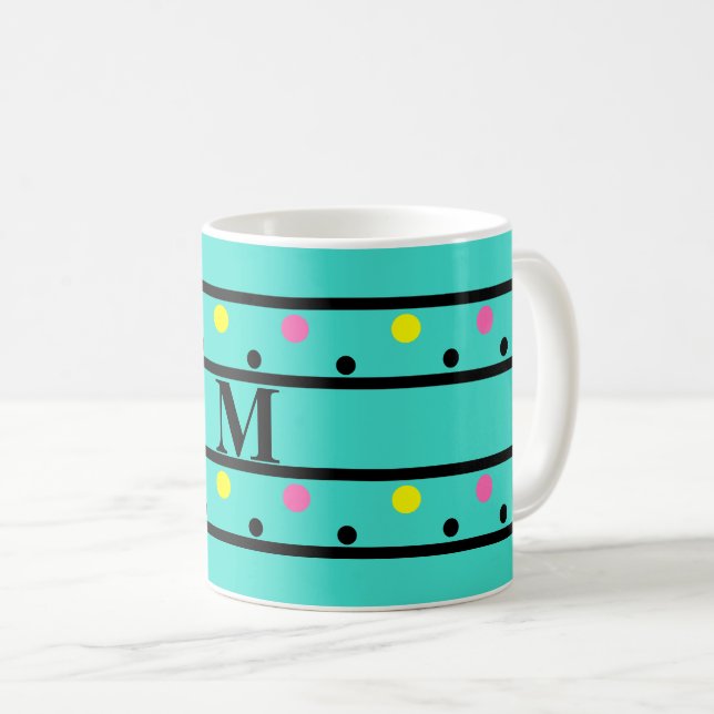 Caneca De Café Bolinhas de turquesa monogramas (Frente Esquerda)