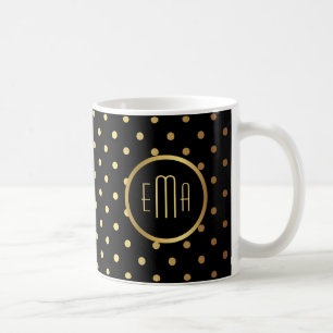 Caneca De Café Bolinhas Douradas em preto com seu monograma